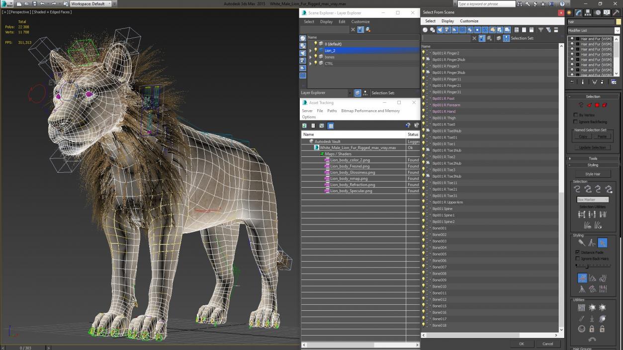 3D White Male Lion Fur Rigged