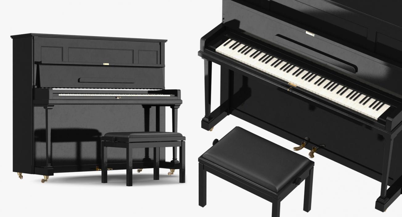 3D model Upright Piano Black with Bench