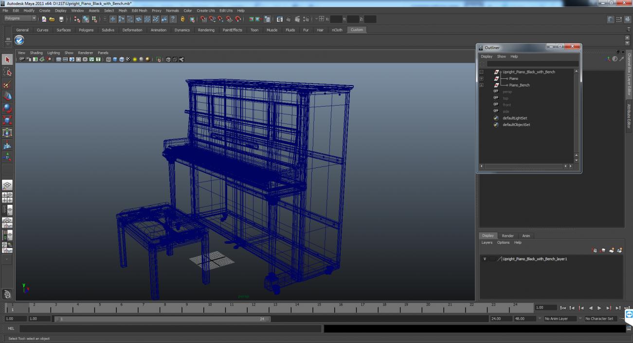 3D model Upright Piano Black with Bench