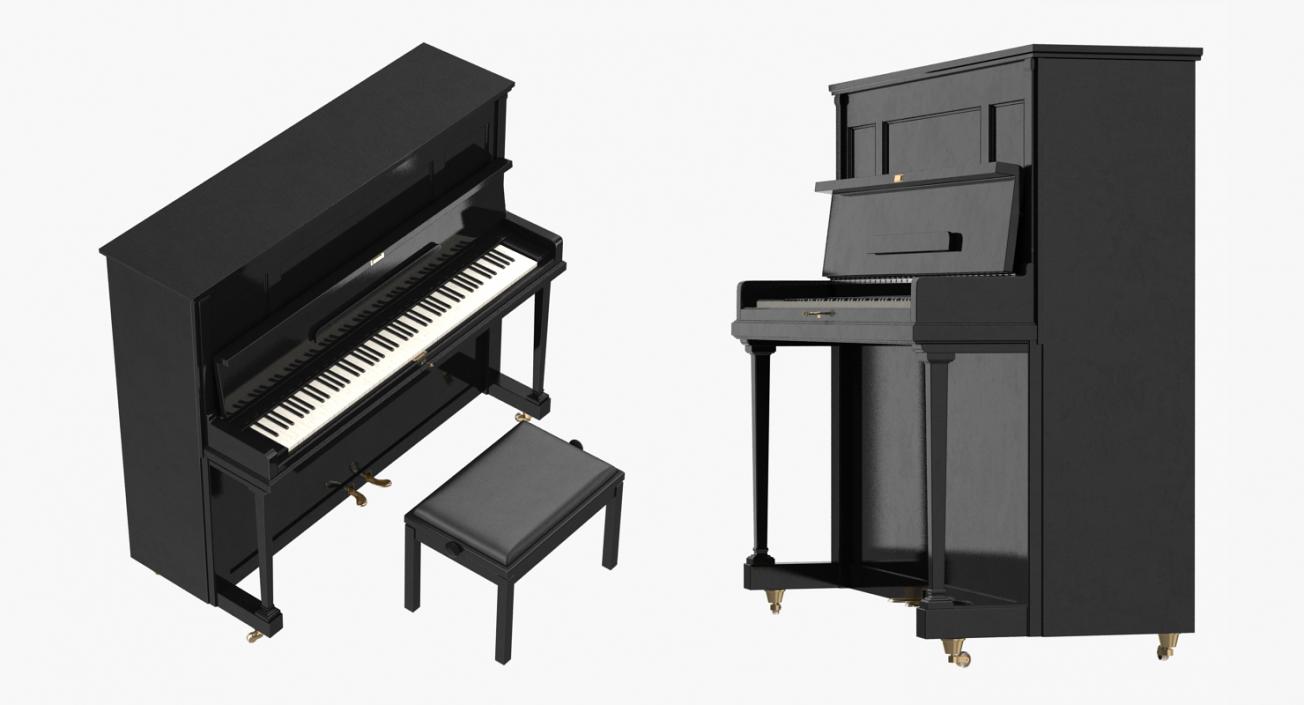 3D model Upright Piano Black with Bench