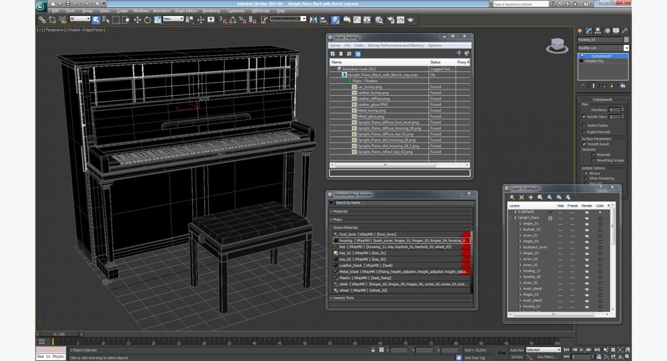 3D model Upright Piano Black with Bench