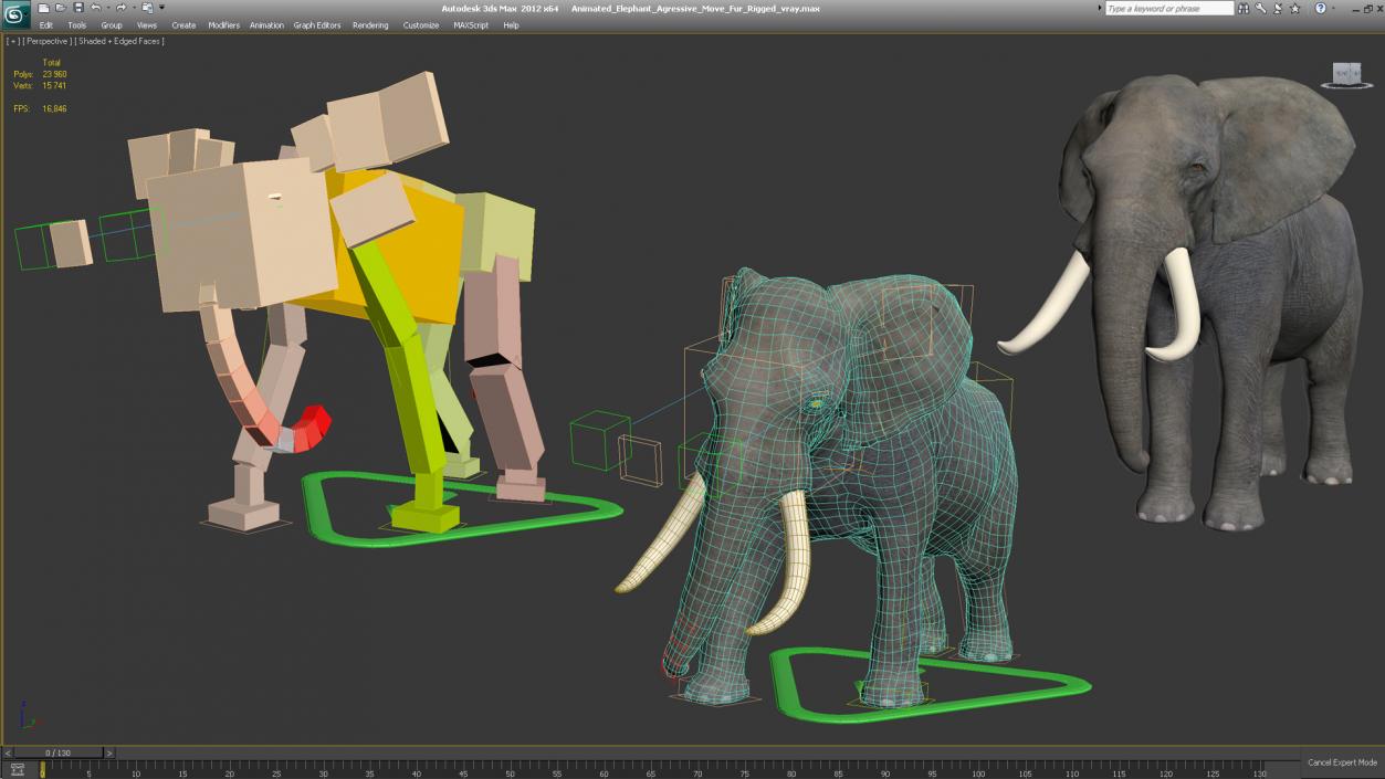 3D Animated Elephant Agressive Move Fur Rigged model