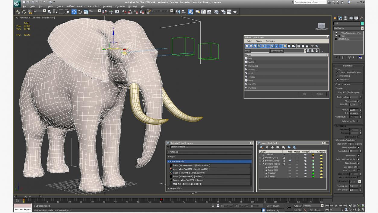 3D Animated Elephant Agressive Move Fur Rigged model