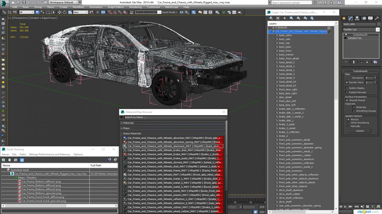 3D model Car Frame and Chassis with Wheels Rigged