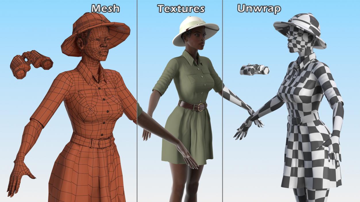 Dark Skin Black Woman Explorer Rigged 3D