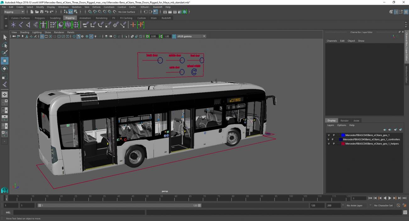 Mercedes-Benz eCitaro Three Doors Rigged for Maya 3D model