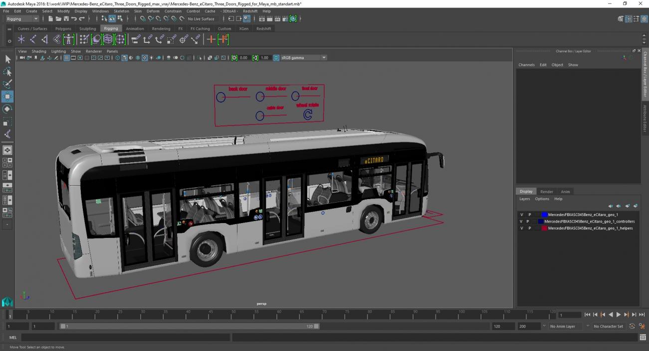 Mercedes-Benz eCitaro Three Doors Rigged for Maya 3D model