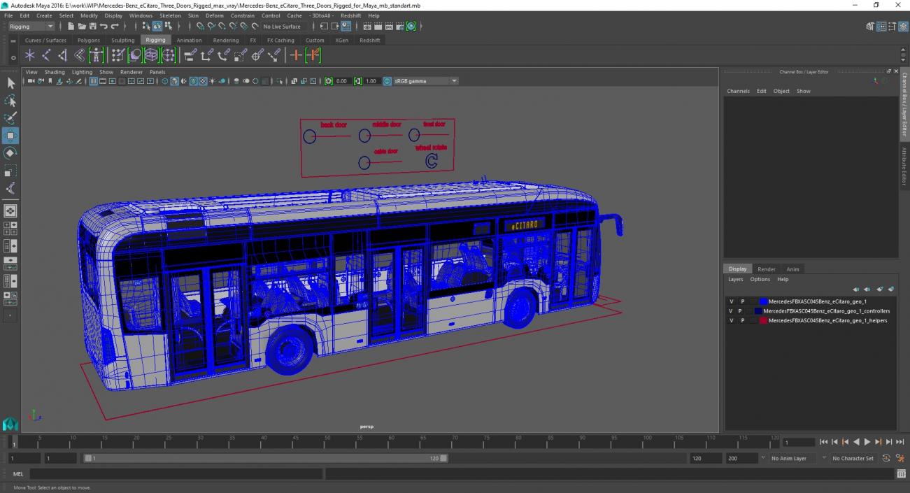 Mercedes-Benz eCitaro Three Doors Rigged for Maya 3D model