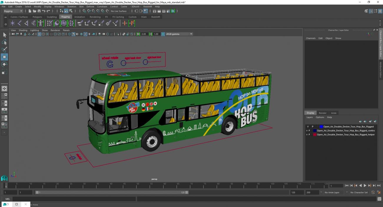 3D Open Air Double Decker Tour Hop Bus Rigged for Maya