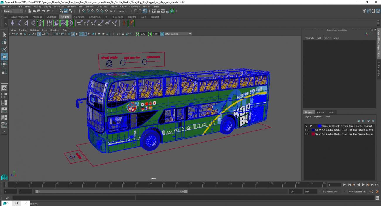 3D Open Air Double Decker Tour Hop Bus Rigged for Maya