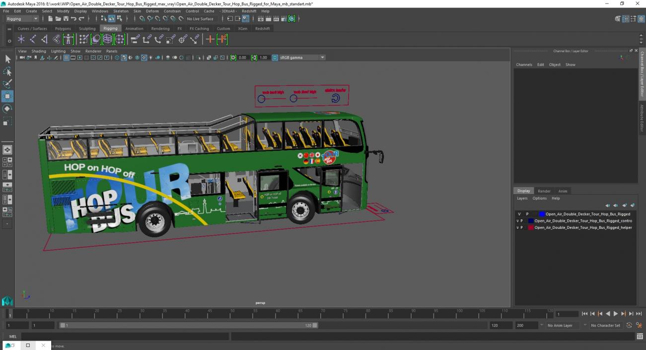 3D Open Air Double Decker Tour Hop Bus Rigged for Maya