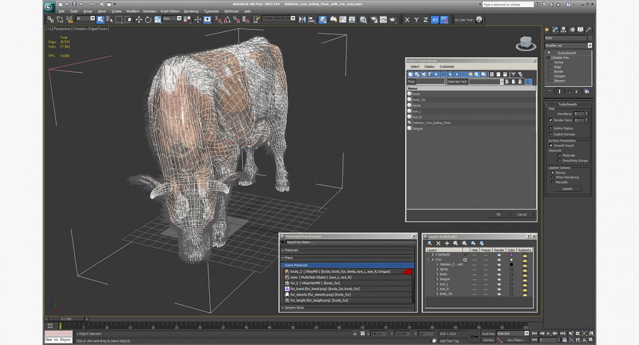 3D Holstein Cow Eating Pose with Fur model