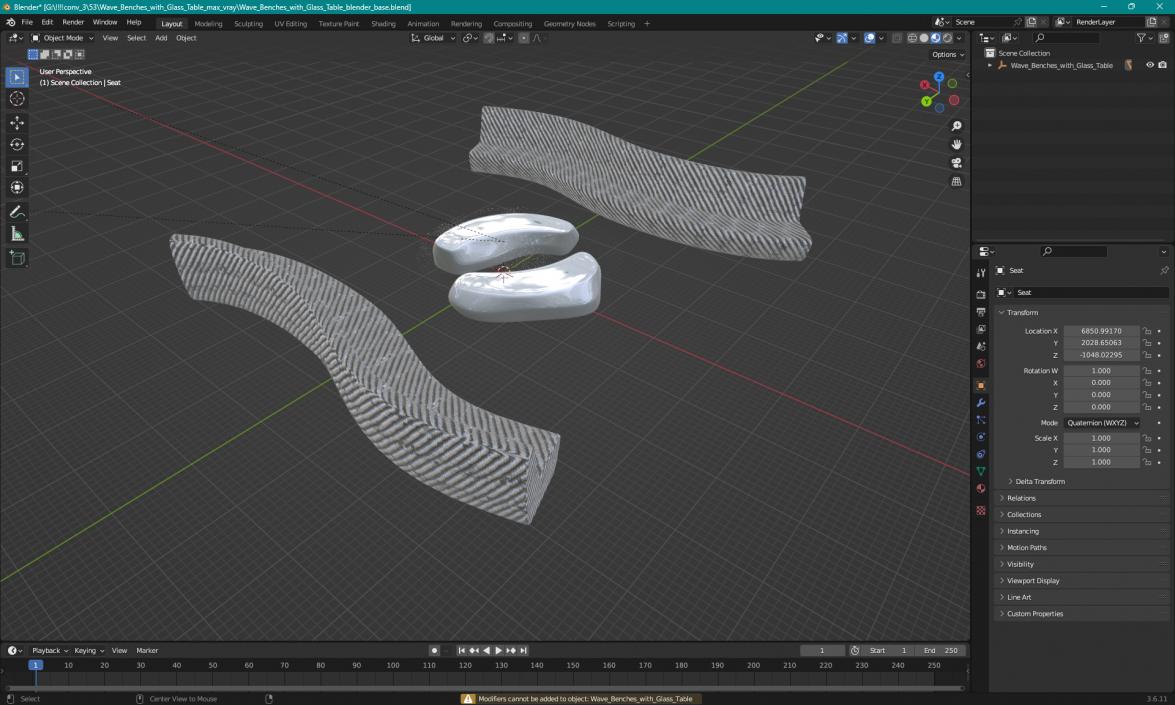 Wave Benches with Glass Table 3D model