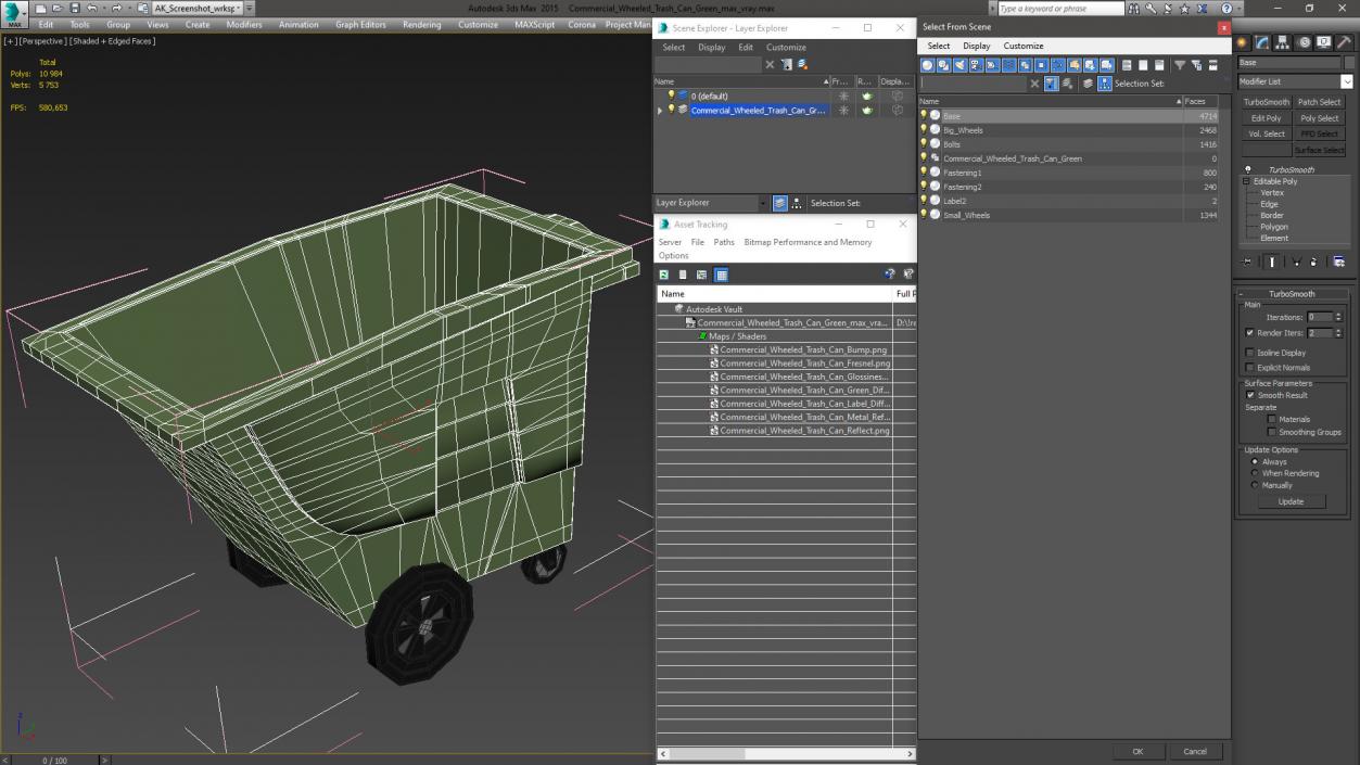 Commercial Wheeled Trash Can Green 3D model