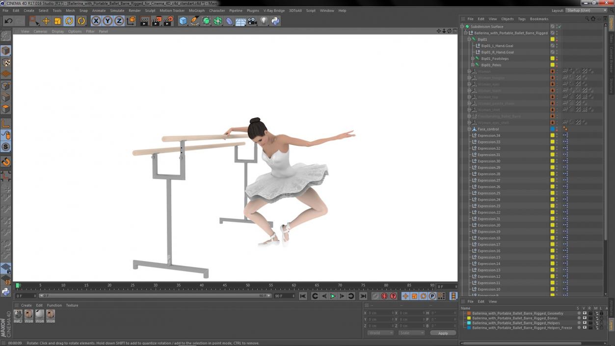 Ballerina with Portable Ballet Barre Rigged for Cinema 4D 3D