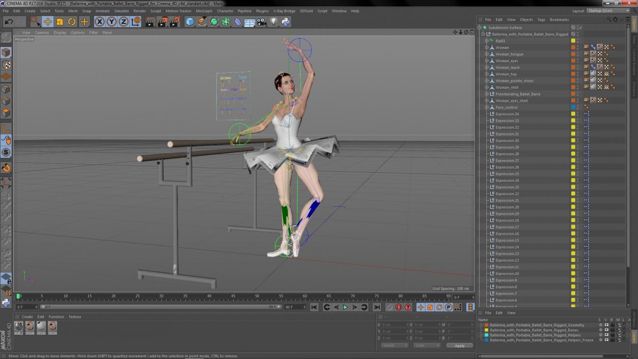 Ballerina with Portable Ballet Barre Rigged for Cinema 4D 3D