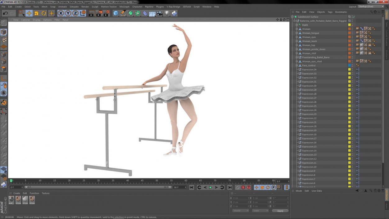 Ballerina with Portable Ballet Barre Rigged for Cinema 4D 3D