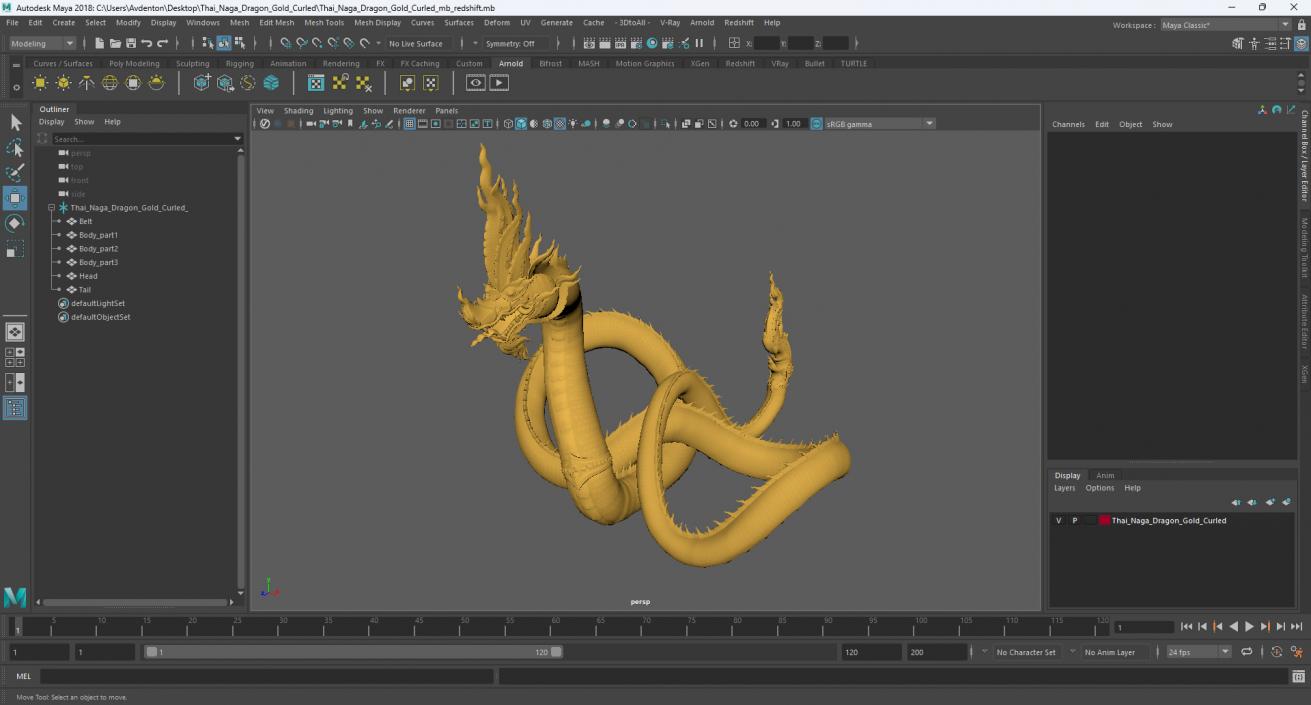 3D Thai Naga Dragon Gold Curled model