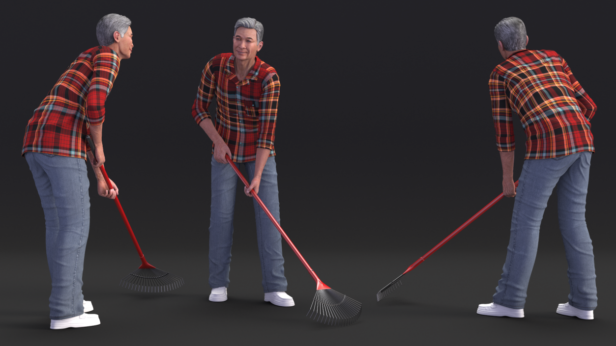 3D Korean Old Aged Man Raking