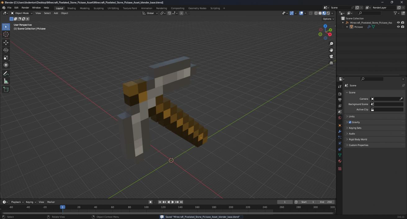 Minecraft Pixelated Stone Pickaxe Asset 3D model