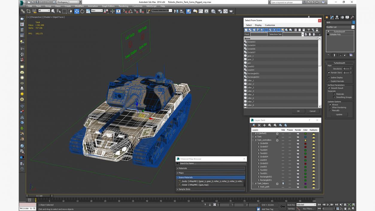 Robotic Electric Tank Camo Rigged for Cinema 4D 3D