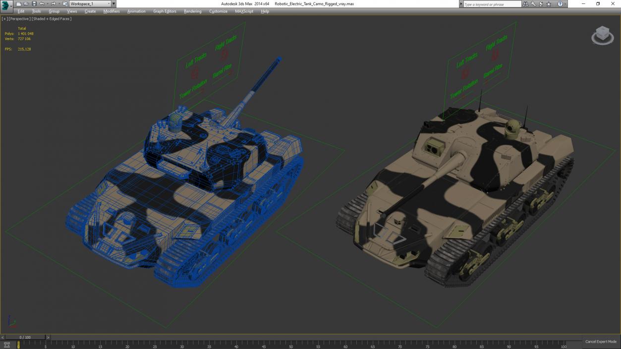 Robotic Electric Tank Camo Rigged for Cinema 4D 3D