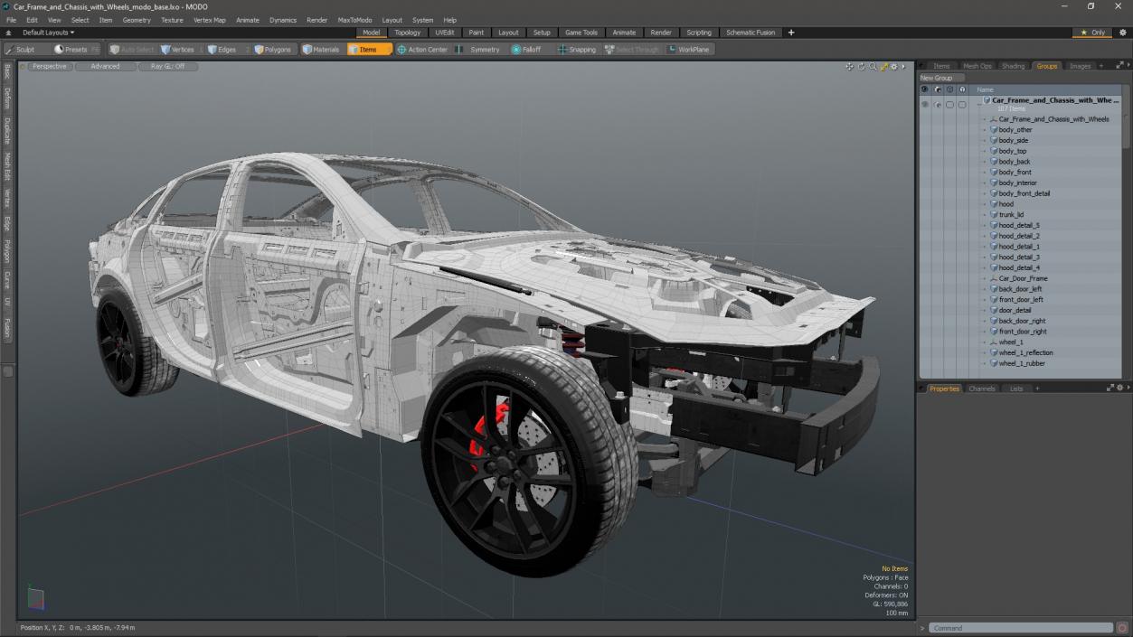 3D Car Frame and Chassis with Wheels model