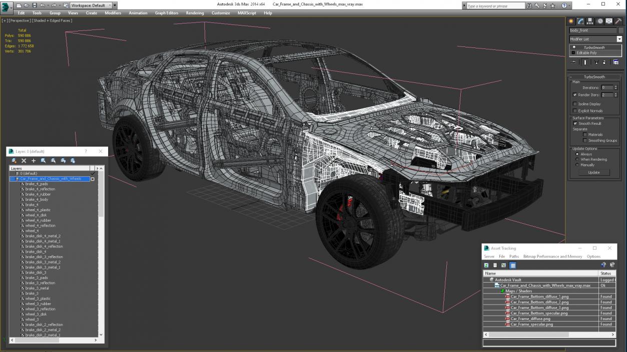 3D Car Frame and Chassis with Wheels model