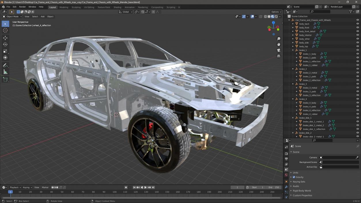 3D Car Frame and Chassis with Wheels model