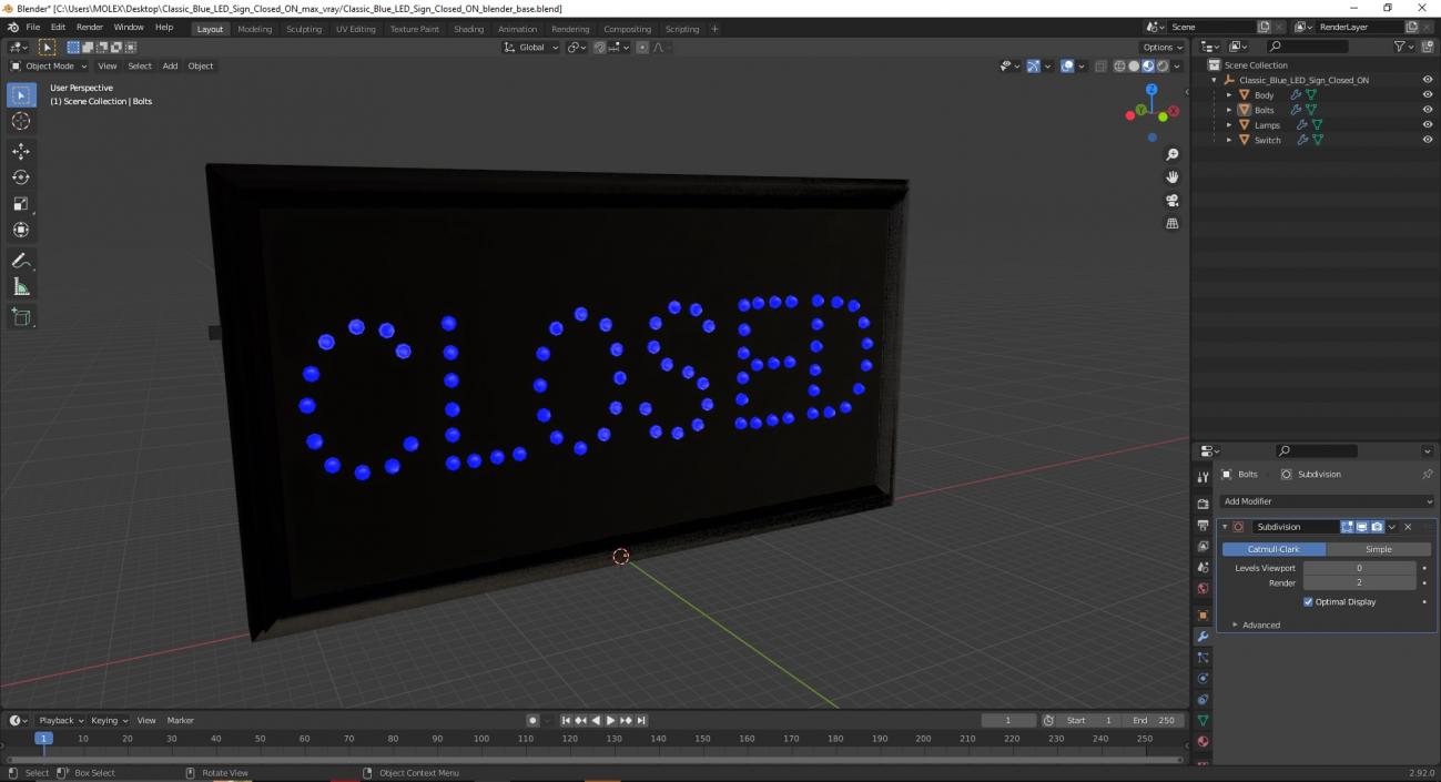 3D Classic Blue LED Sign Closed ON