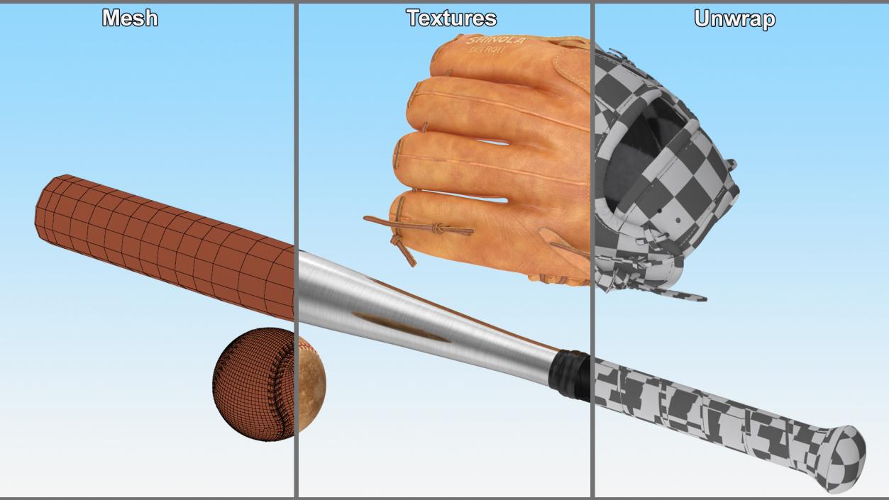 Leather Glove with Baseball And Bat Fur 3D model