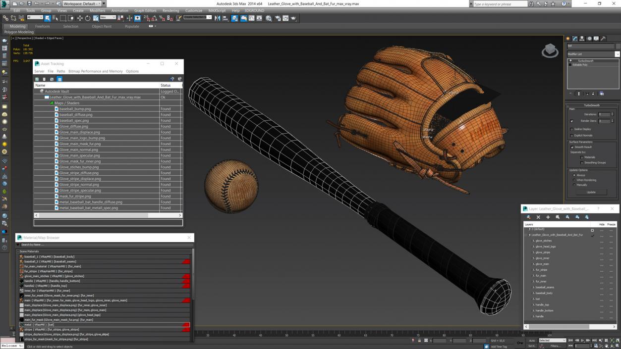 Leather Glove with Baseball And Bat Fur 3D model