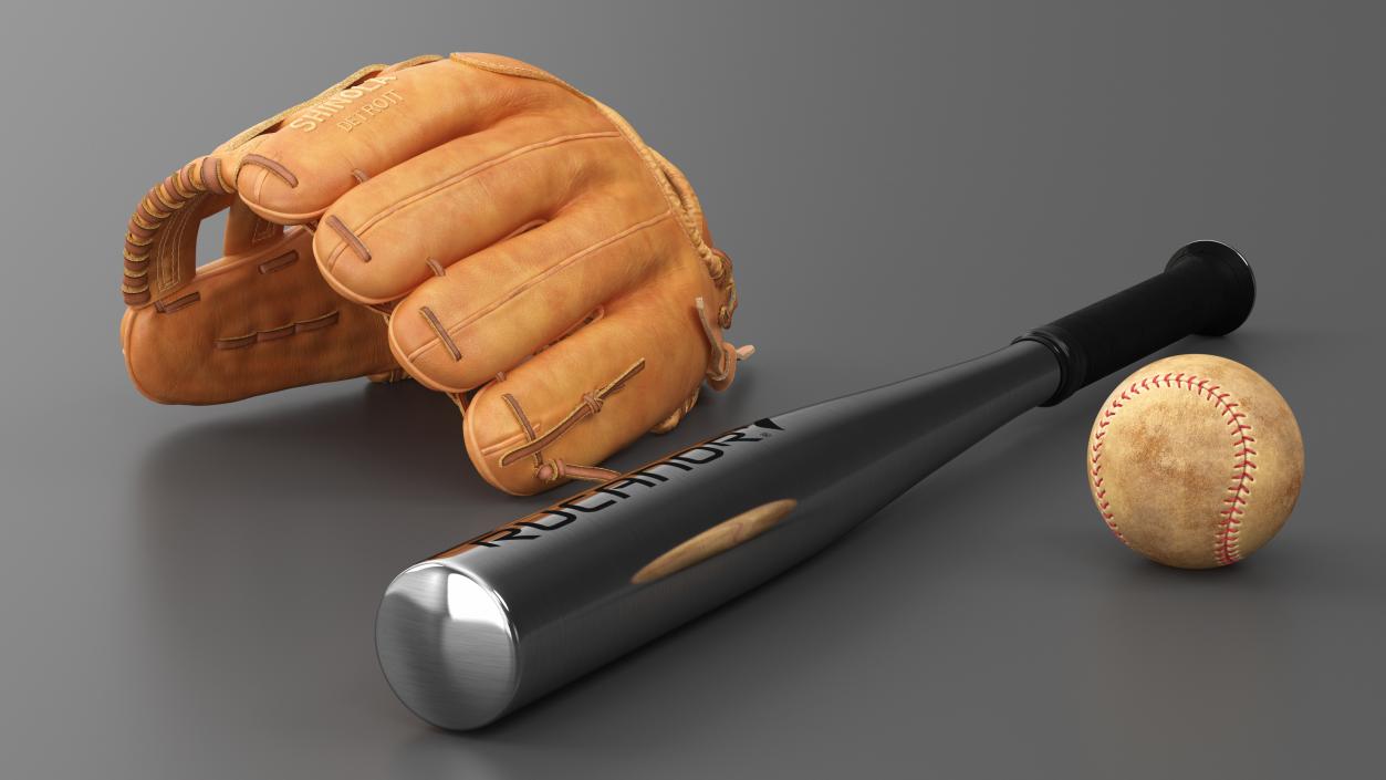 Leather Glove with Baseball And Bat Fur 3D model