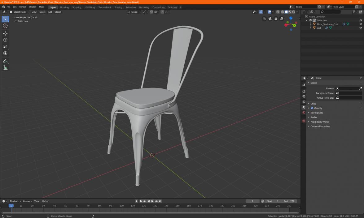 Bronze Stackable Chair Wooden Seat 3D model