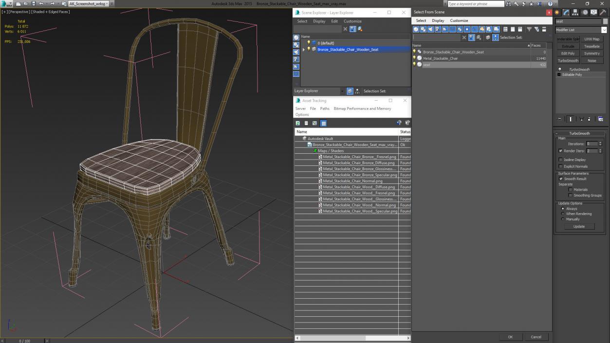 Bronze Stackable Chair Wooden Seat 3D model