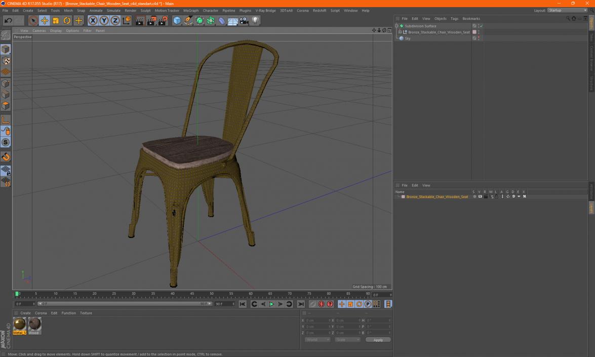 Bronze Stackable Chair Wooden Seat 3D model