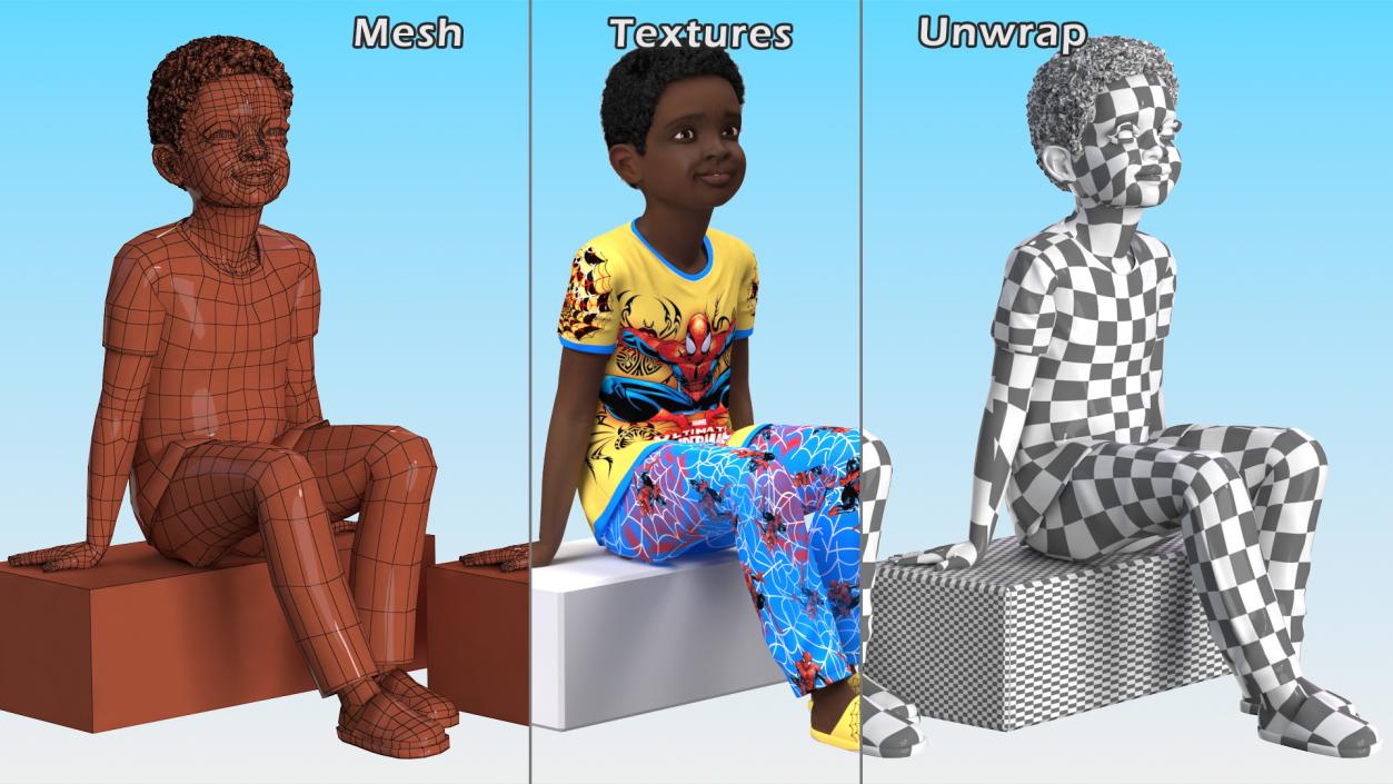 Black Child Boy Home Style Sitting Pose 3D model