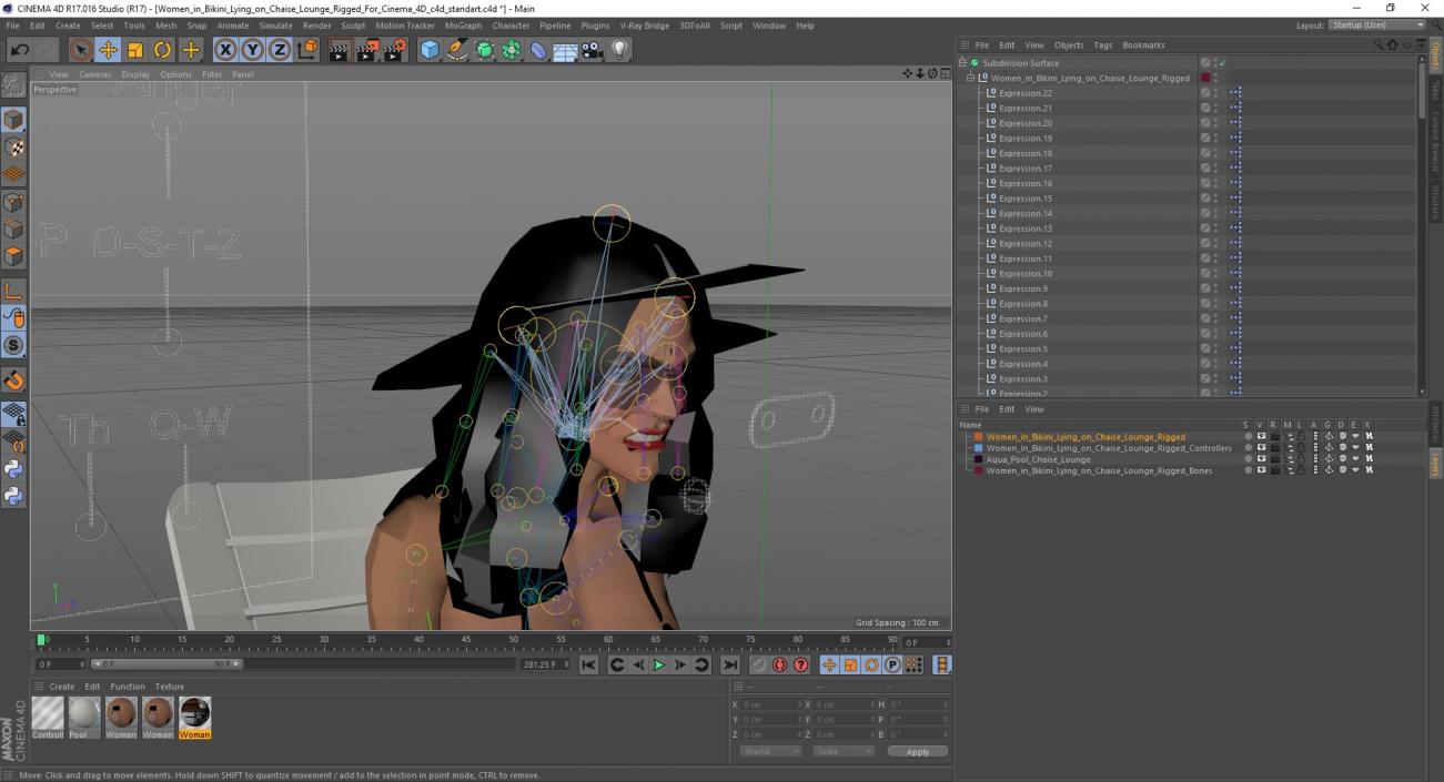 Women in Bikini Lying on Chaise Lounge Rigged for Cinema 4D 3D model