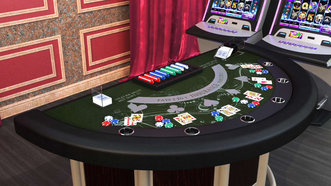 Blackjack Table with Cards  and Chips 3D