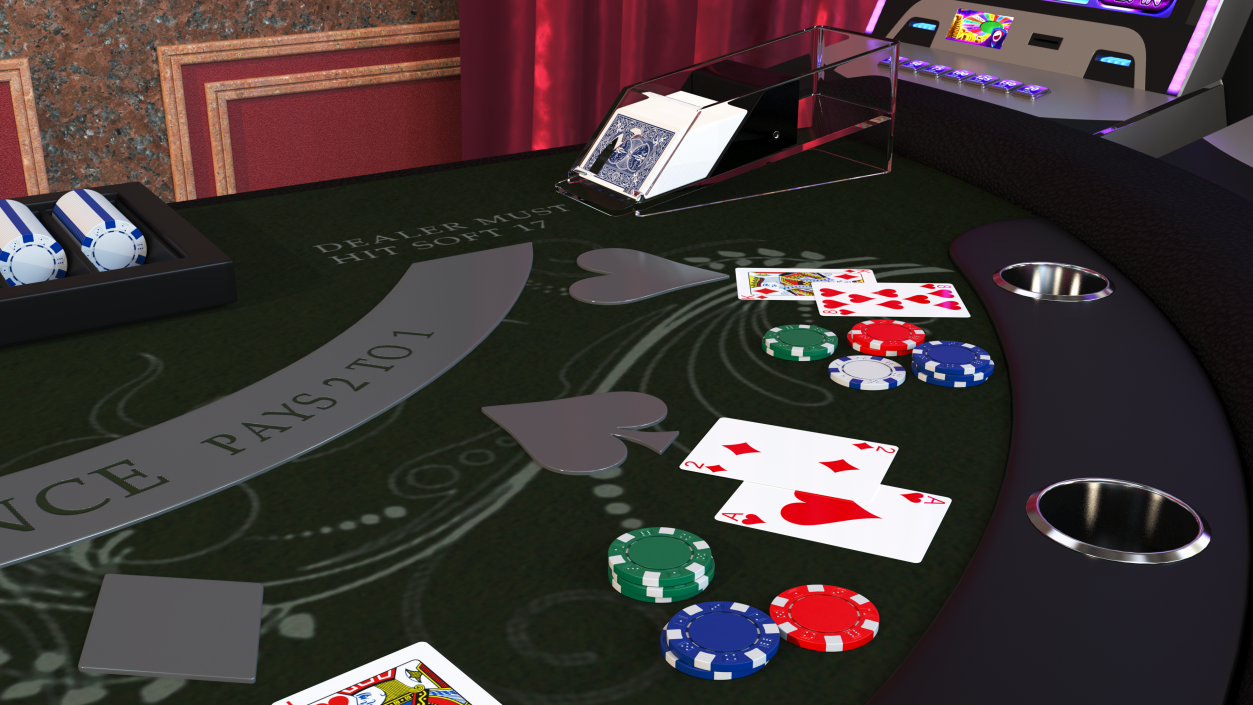 Blackjack Table with Cards  and Chips 3D