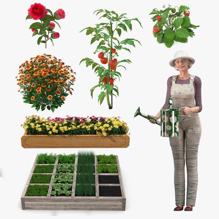 Rigged Gardening Lady with Plants Collection 3D model