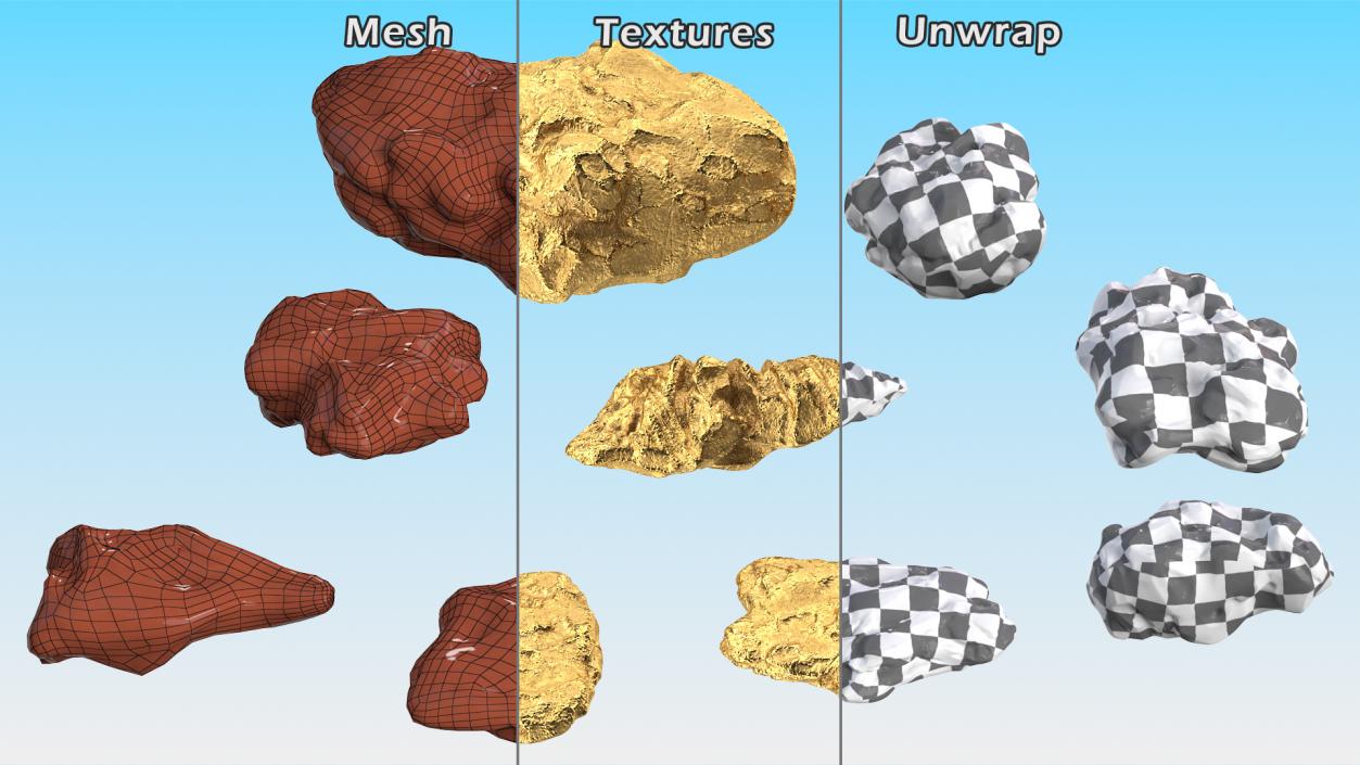 Gold Natural Minerals Stones Set 3D