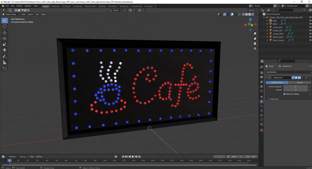 Classic LED Cafe Light Board Sign OFF 3D