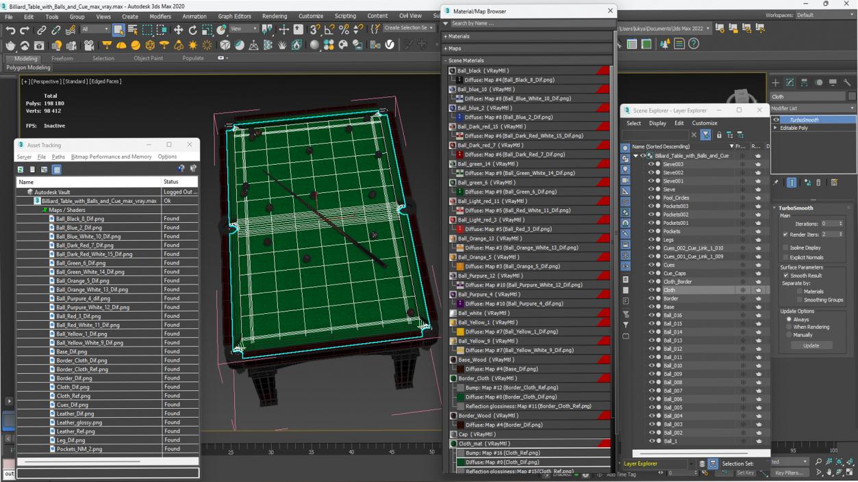 3D Billiard Table with Balls and Cue model