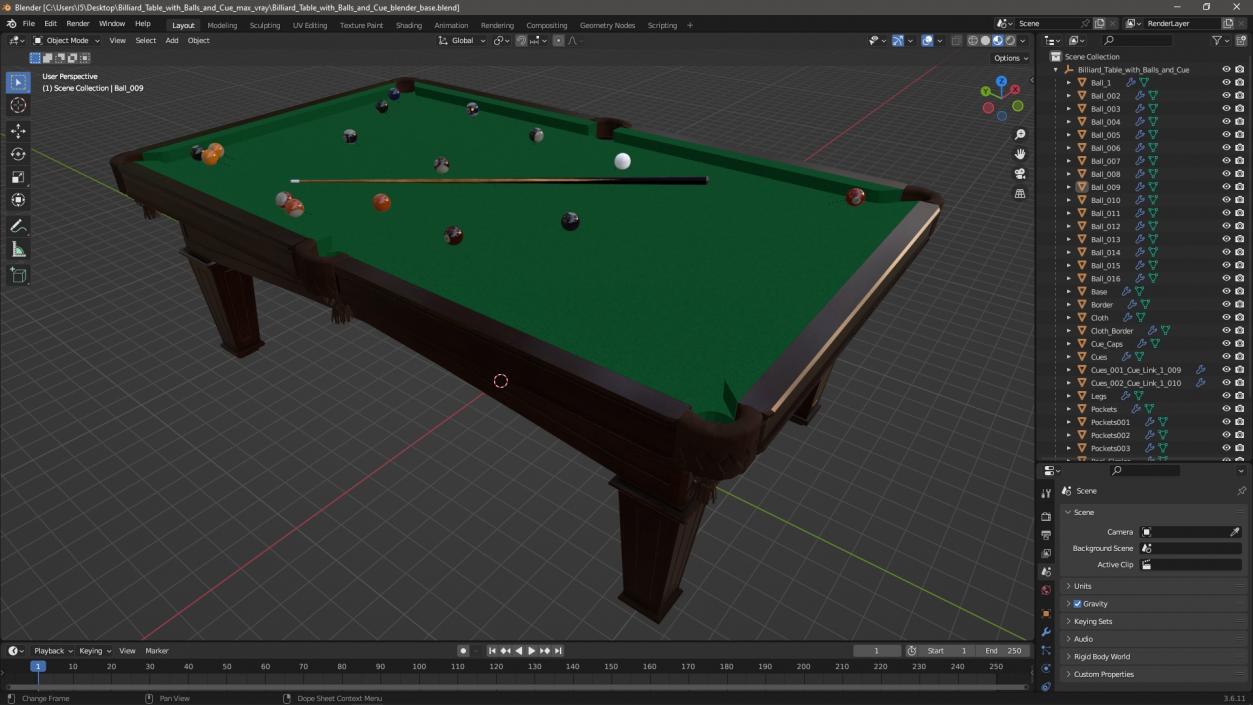 3D Billiard Table with Balls and Cue model