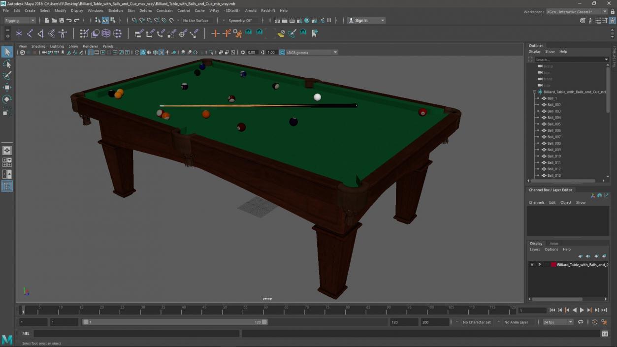 3D Billiard Table with Balls and Cue model