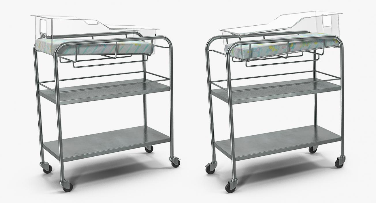 Stainless Steel Hospital Bassinet Carrier with Shelf 3D