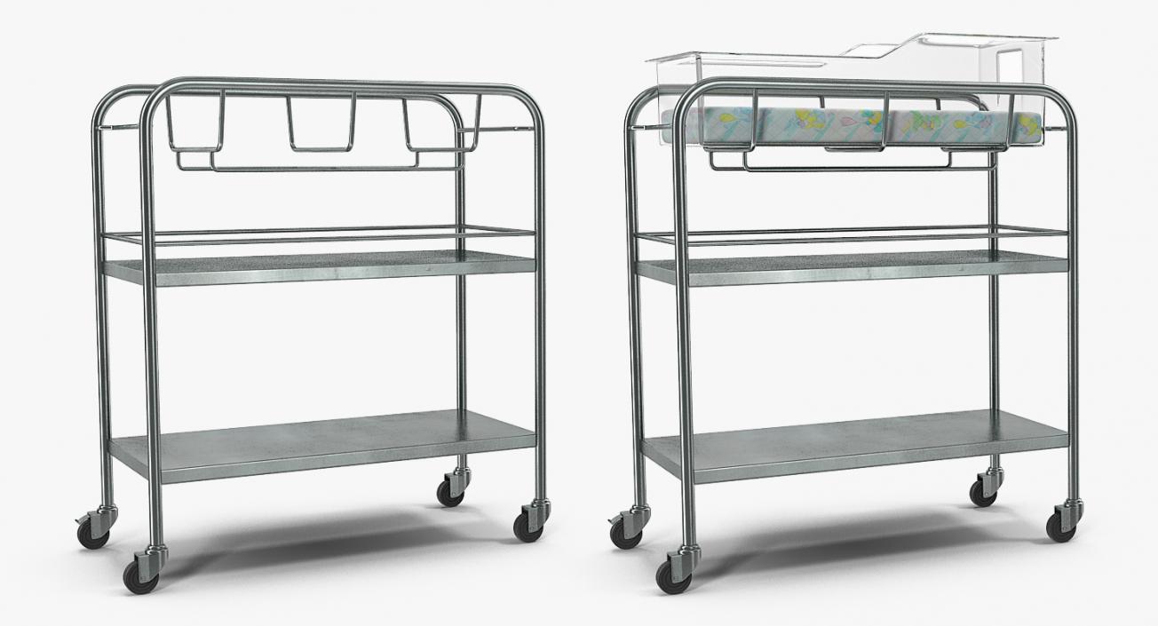 Stainless Steel Hospital Bassinet Carrier with Shelf 3D