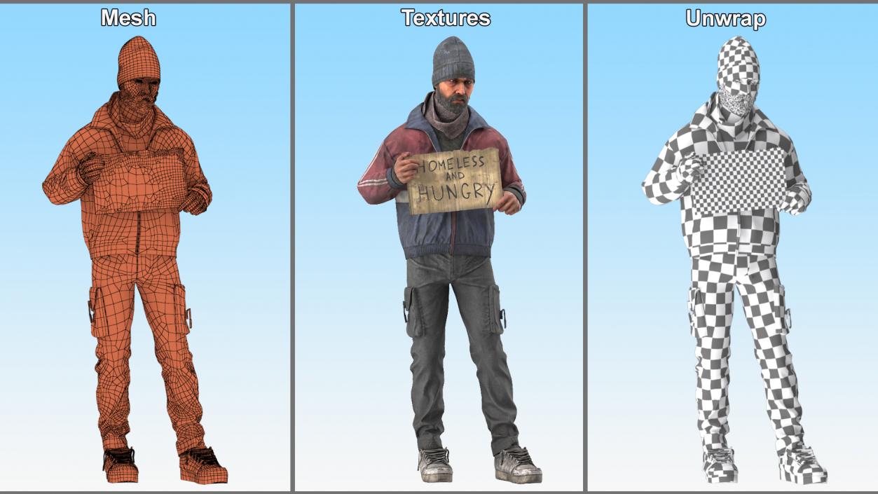 Standing Homeless Man with Placard 3D model