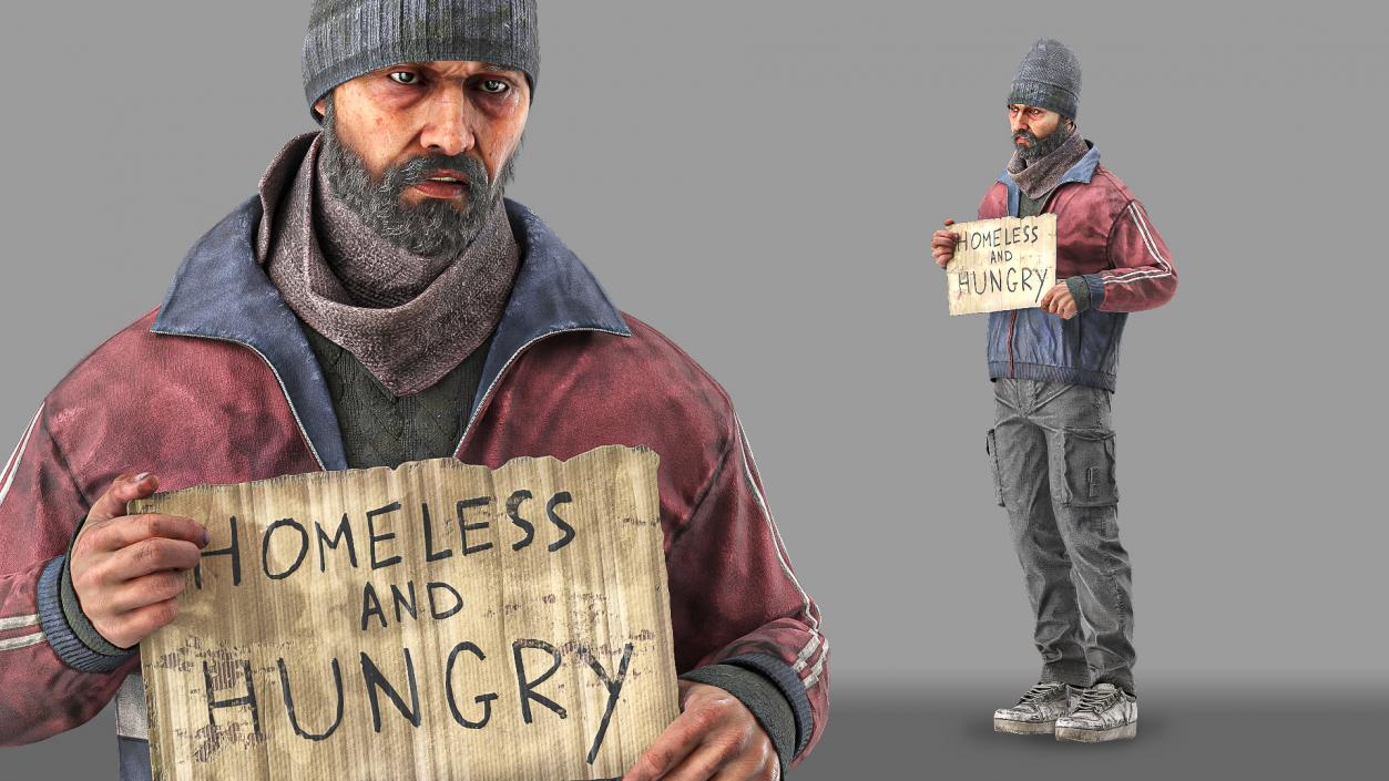 Standing Homeless Man with Placard 3D model